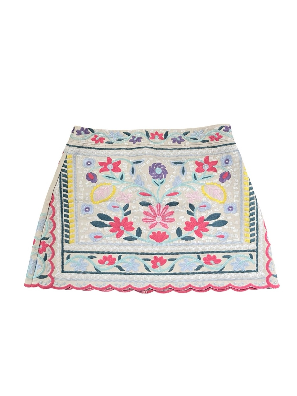 Embroidered White Mini Skirt with Multicolor Floral Design - Picture 2 of 11
